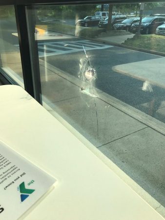 A bullet hole is seen in a window after a gunman opened fire on Republican members of Congress during a baseball practice near Washington in Alexandria, Virginia, June 14, 2017, in this picture obtained from social media. COURTESY TWITTER/@JOEMISCAVIGE/via REUTERS THIS IMAGE HAS BEEN SUPPLIED BY A THIRD PARTY. MANDATORY CREDIT.NO RESALES. NO ARCHIVES