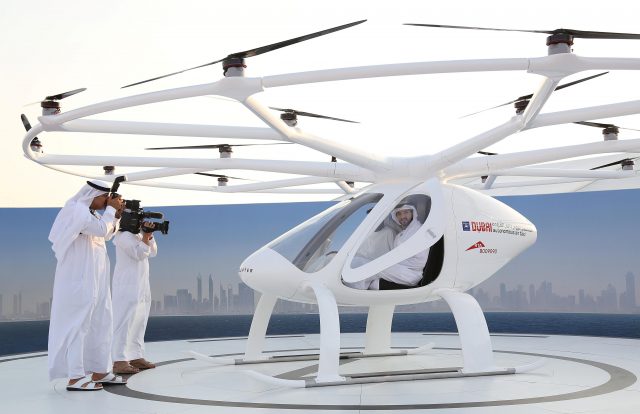 Dubai Crown Prince Sheikh Hamdan bin Mohammed bin Rashid Al Maktoum is seen inside the flying taxi in Dubai, United Arab Emirates September 25, 2017. REUTERS/Satish Kumar