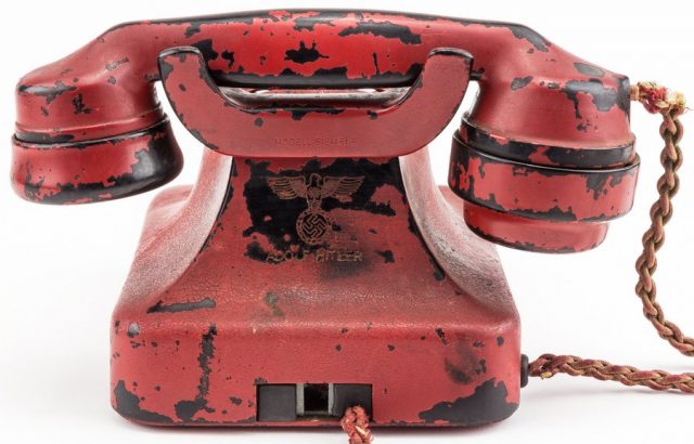 epa05800866 An undated handout photo made available by Alexander Historical Auctions on 17 February 2017 shows a red telephone once owned by German dictator Adolf Hitler. The telephone that Hitler used in the last days of Wolrd War II in his Berlin bunker, the so-called Fuehrerbunker, is up for auction from 18 February 2017 on at Alexander Historical Auctions and expected to sell at at least 200,000 US dollars.  EPA/ALEDXANDER HISTORICAL AUCTIONS / HANDOUT  HANDOUT EDITORIAL USE ONLY/NO SALES