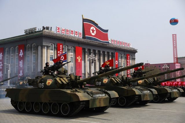 epa05908614 North Korean military tanks drive past during a parade for the 'Day of the Sun' festival on Kim Il Sung Square in Pyongyang, North Korea, 15 April 2017. North Koreans celebrate the 'Day of the Sun' festival commemorating the 105th birthday anniversary of former supreme leader Kim Il-sung on 15 April as tension over nuclear issues rise in the region. EPA/HOW HWEE YOUNG