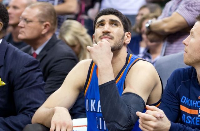 Mar 28, 2015; Salt Lake City, UT, USA; Oklahoma City Thunder center Enes Kanter (34) watches from the bench area late during the second half against the Utah Jazz at EnergySolutions Arena. The Jazz won 94-89. Mandatory Credit: Russ Isabella-USA TODAY Sports