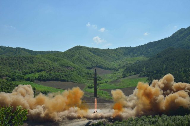 epa06064782 A handout photo made available by the official North Korean Central News Agency (KCNA) allegedly shows the North Korean inter-continental ballistic rocket Hwasong-14 being launched at an undisclosed location in North Korea, 04 July 2017. According to media reports, North Korea launched a ballistic missile on 04 July, that flew around 930km towards the Sea of Japan. The missile fell into Japan's exclusive economic zone in the Sea of Japan, according to Japanese Chief Cabinet Secretary Yoshihide Suga. North Korea said that it has successfully tested an intercontinental ballistic missile (ICBM).  EPA/KCNA HANDOUT  HANDOUT EDITORIAL USE ONLY/NO SALES