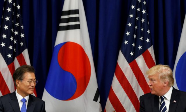 U.S. President Donald Trump meets with South Korean president Moon Jae-in during the U.N. General Assembly in New York, U.S., September 21, 2017. REUTERS/Kevin Lamarque