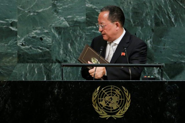 North Korean Foreign Minister Ri Yong-ho departs after addressing the 72nd United Nations General Assembly at U.N. headquarters in New York, U.S., September 23, 2017. REUTERS/Eduardo Munoz