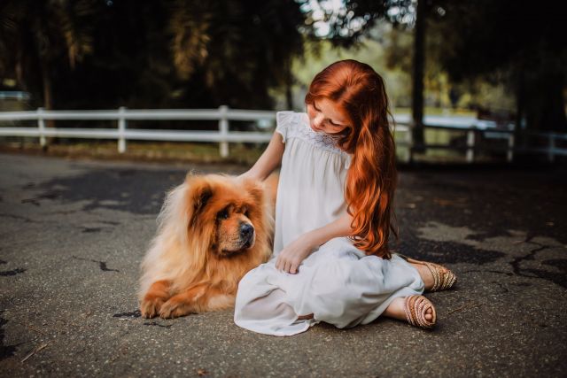 Κοπέλα με κόκκινα μαλλιά και σκύλος 