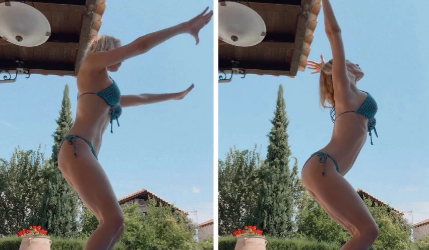 Η Νάντια Μπουλέ κάνει γιόγκα με μπικίνι δίπλα στην πισίνα και αποθεώνεται